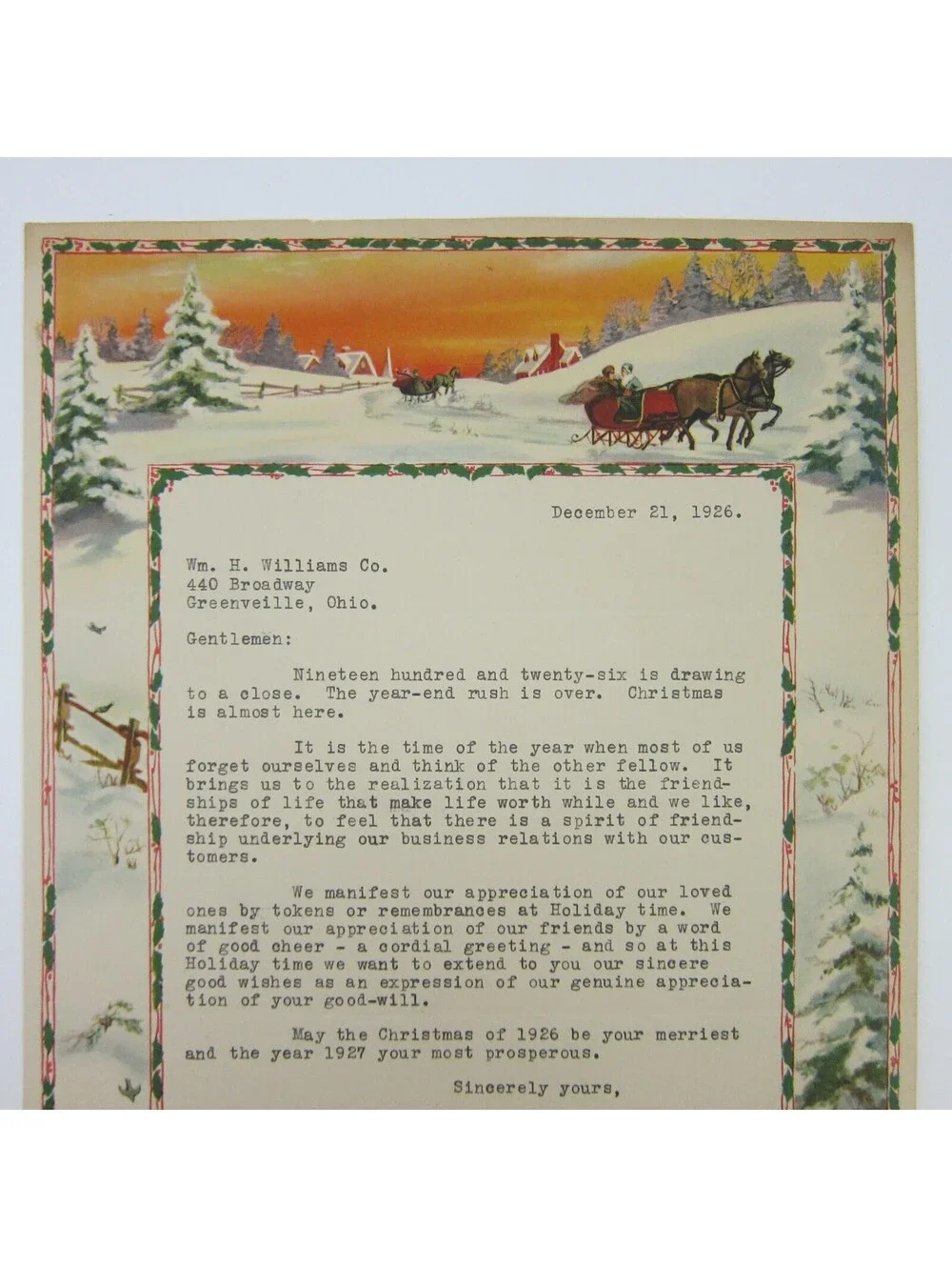 Vintage 1926 Christmas Stationery Sample Horse Sleigh Snow Goes Lithography Co
